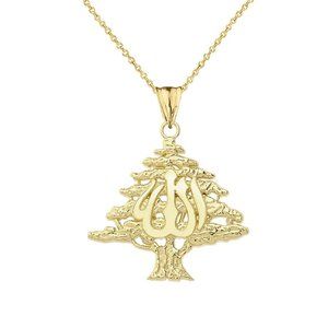 10k Yellow Gold Lebanese Cedar Tree With (ALLAH) Pendant Necklace